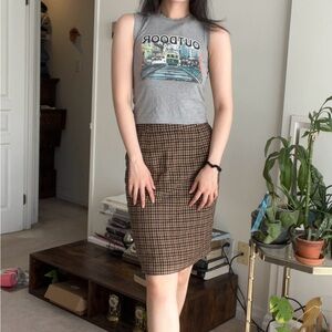 SOLD Vintage Checkered/ Gingham brown made in Japan midi wool skirt